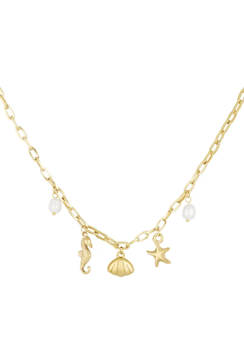 Bedel ketting met zeepaardje en schelpen bedels goud