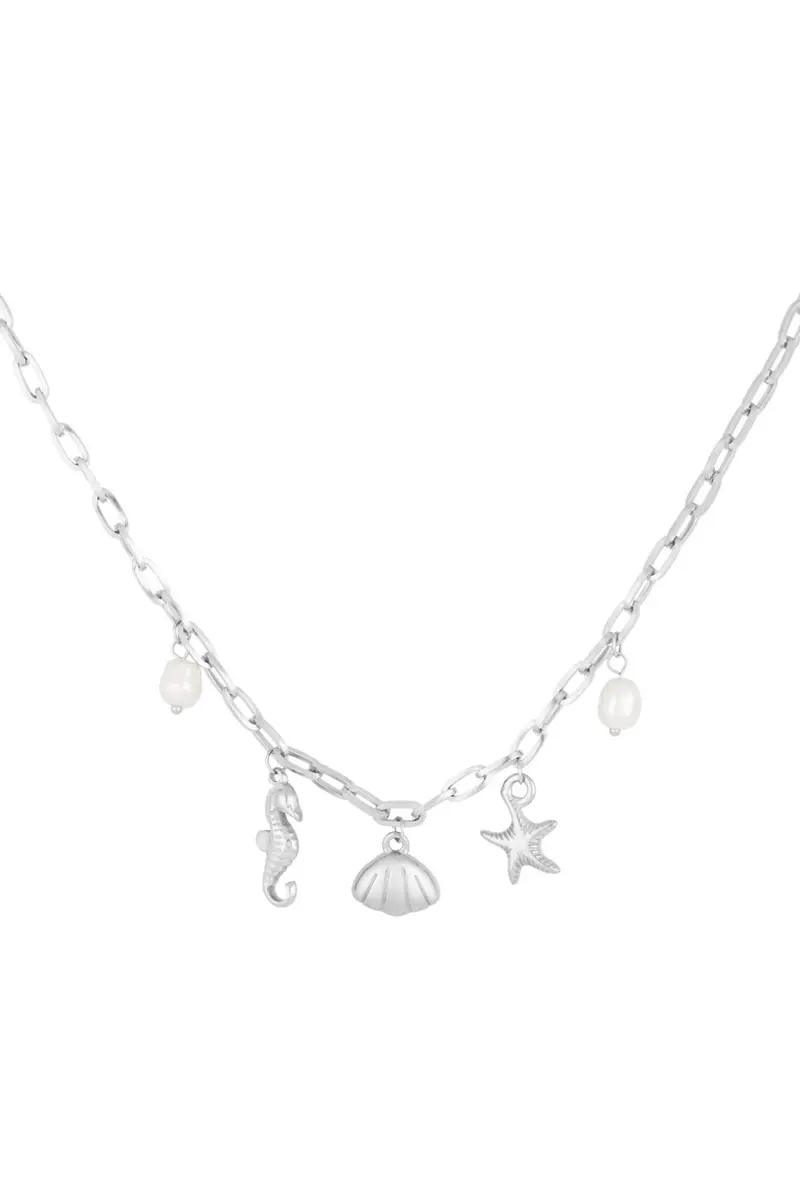 Bedel ketting met zeepaardje en schelpen bedels zilver