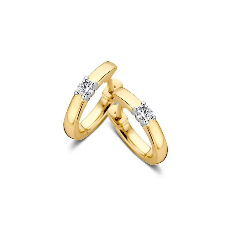 Bicolor 14 karaat gouden oorringen met diamant – 0,10 crt briljant geslepen, elegante oorringen voor dames