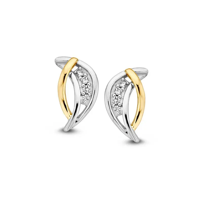 Bicolor 14k Gold Earrings with White Zirconia – Elegant 12mm Studs for Women
