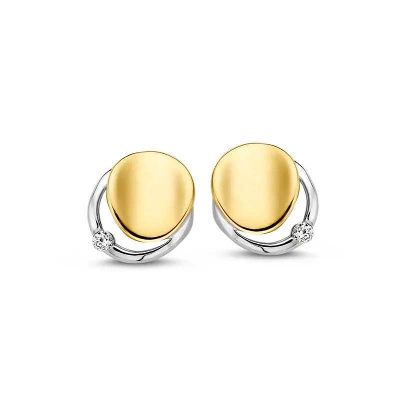 Bicolor 14k Gold Stud Earrings with White Zirconia – Elegant 8mm Design