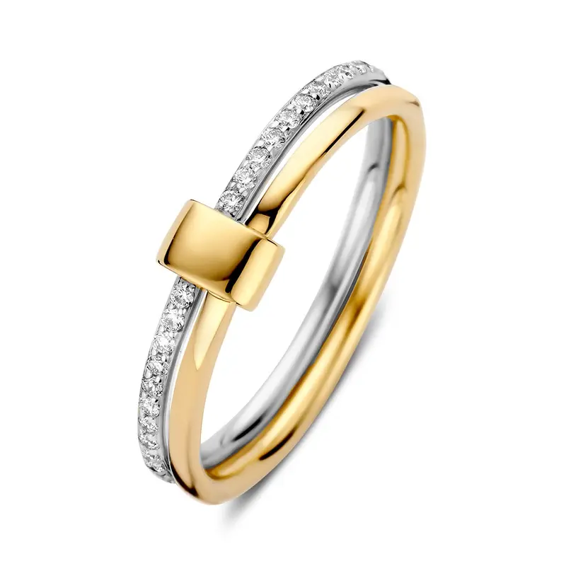 Bicolor 14kt Geel- en Witgouden Ring met 0.14ct Diamanten