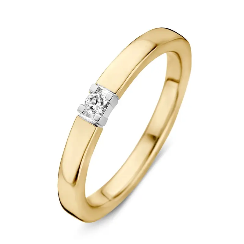 Bicolor 14kt Wit- en Geelgouden Damesring met 0.05ct Briljant Diamant