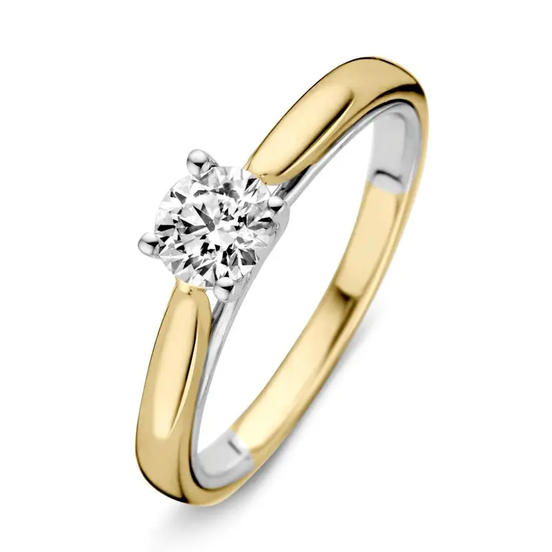 Bicolor Geel- en Witgouden Damesring met Briljant (0.40 ct)