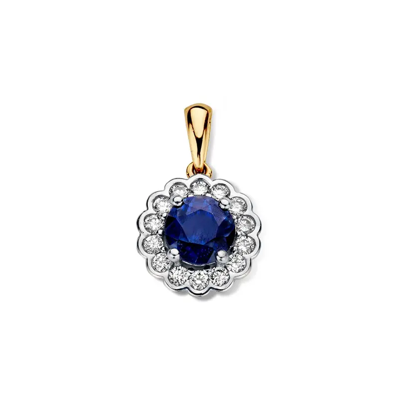 Bicolor geel- en witgouden hanger met blauwe saffier en diamanten - 14 karaat