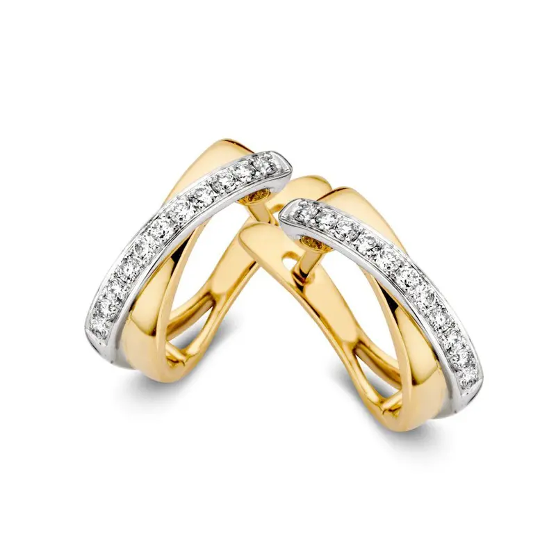 Bicolor Geel- en Witgouden Oorringen met Diamanten – 14 Karaat Oorringen met 0.16 Carat Diamanten