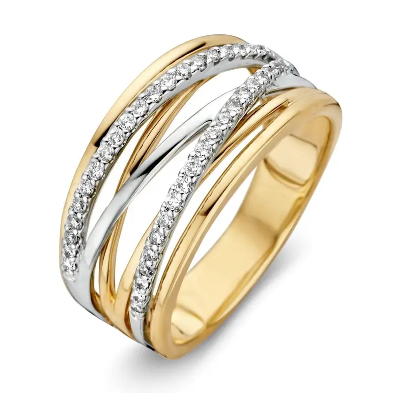 Bicolor Gouden Crossover Ring met Diamant – 14-Karaat Elegantie voor Dames