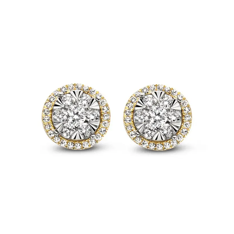 Bicolor Gouden Oorknoppen met 0,44ct Diamant in Entourage Zetting