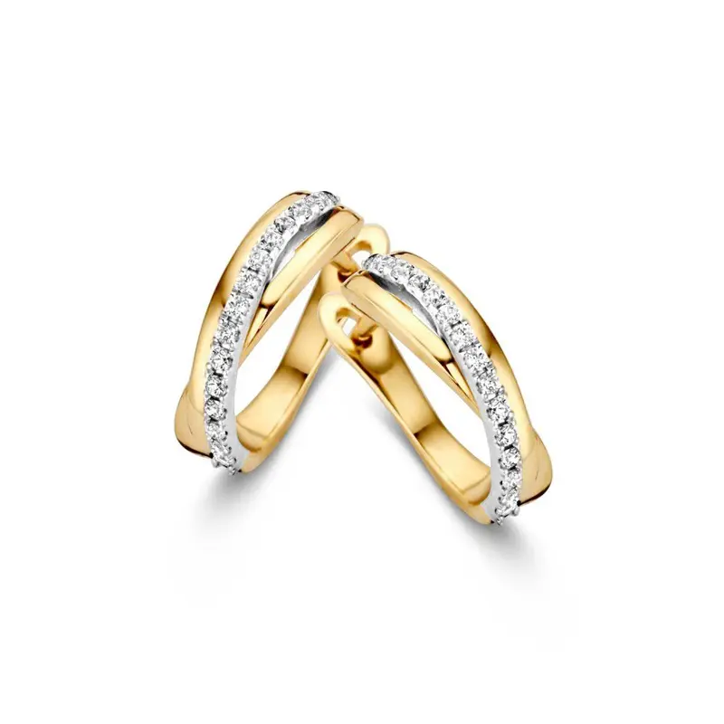 Bicolor Gouden Oorringen met Zirkonia's – Elegante Oorringen met Meerdere Banen, 14 Karaat