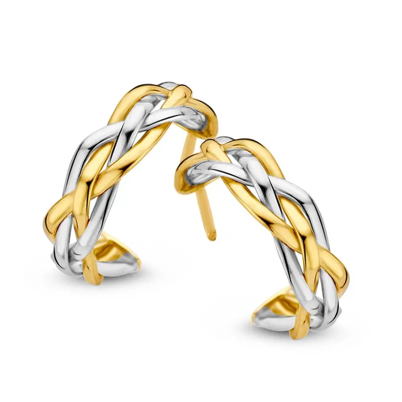 Bicolor Gouden Oorringen voor Dames – Gevlochten Banen in 14 Karaat Geel/Wit Goud