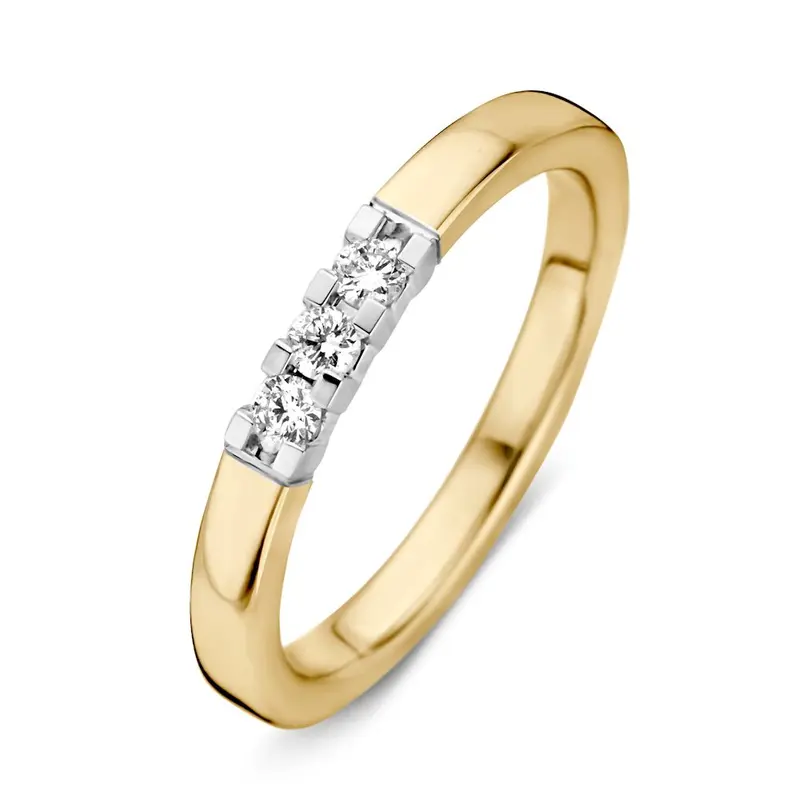 Bicolor Wit- en Geelgouden Damesring met Drie Briljanten 0.15 crt.