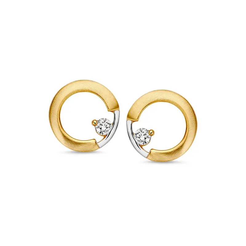 Bicolor Wit- en Geelgouden Oorknoppen met Zirkonia | Elegante Oorstekers van 14 Karaat Goud