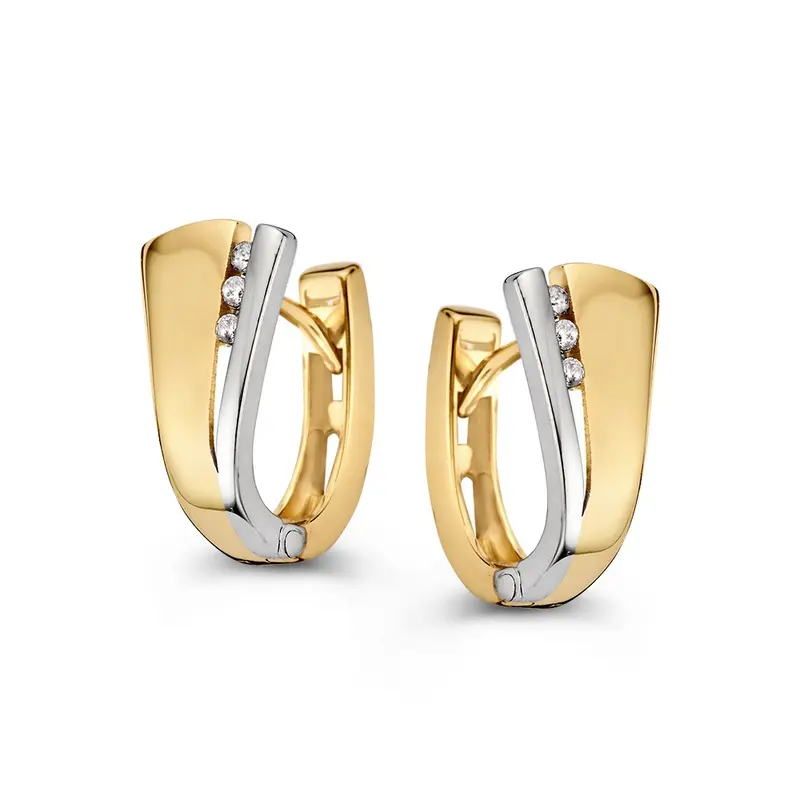 Bicolor Wit- en Geelgouden Oorringen met Drie Zirkonia's – Elegante Creolen met Verlaagde Steker