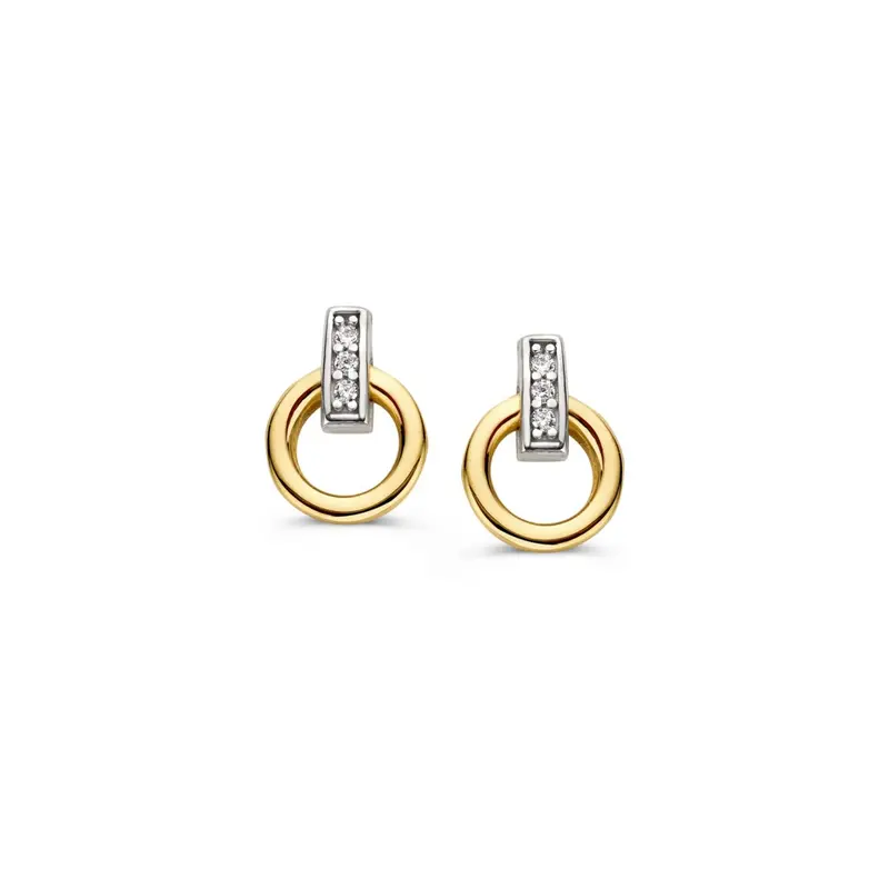 Bicolor Wit- en Geelgouden Oorstekers met Zirkonia - 14K, 10mm, 7.5mm