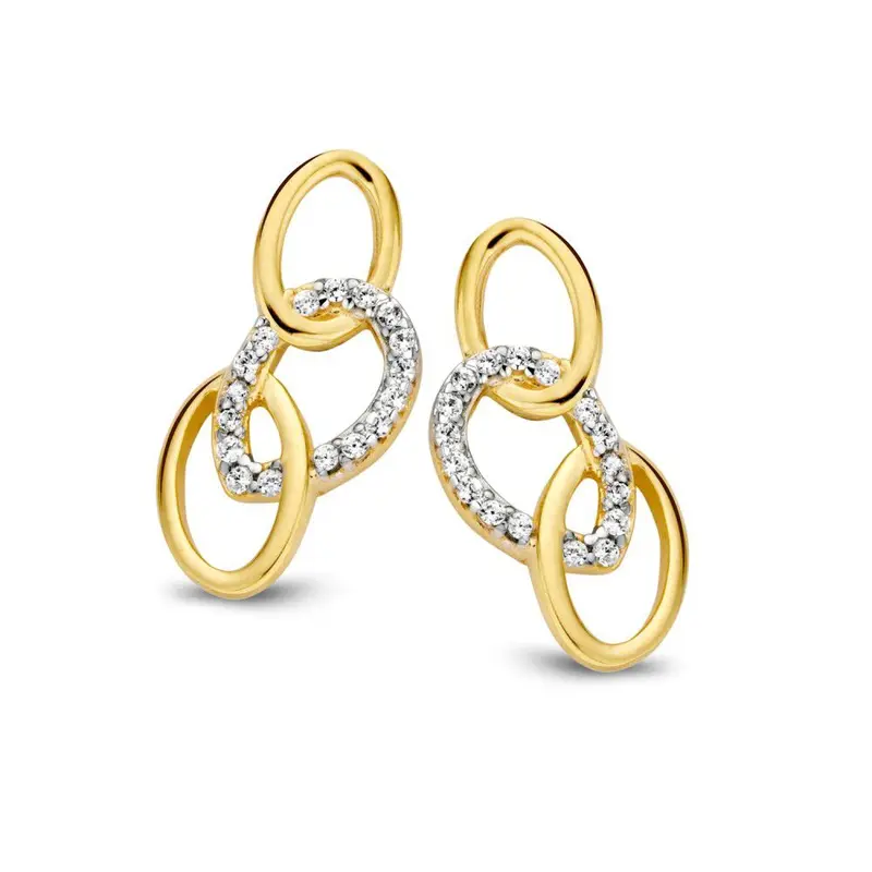 Bicolor Wit- en Geelgouden Oorstekers met Zirkonia's – 14 Karaat, 16mm