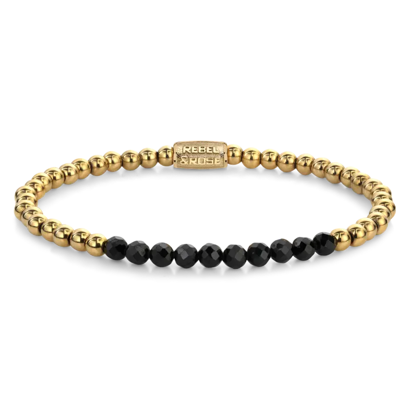 Black Glam Rocks meet Yellow Gold - 4mm - Kralen Armband Dames