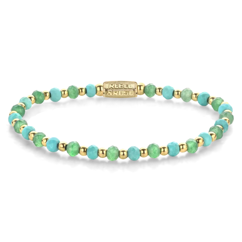 Blue Green Adventure - 18 ct yellow gold ionplated - 4mm - Kralen Armband Dames