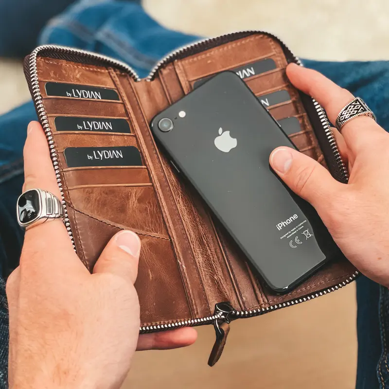 Bruine Leren Smartphone Portemonnee met 16 vakjes BLW3016-K
