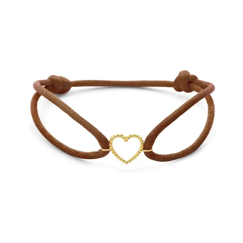 Bruine satijnen dames armband met 14k geelgouden hartje – Verfijnd symbool van liefde