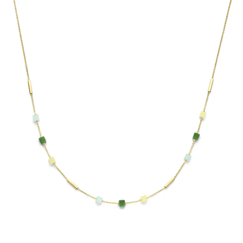 Collier blauw en groen kwartsiet 45 cm 14K geelgoud