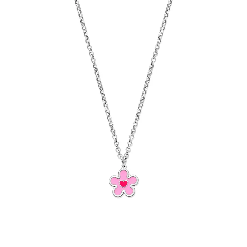 Collier bloem en hartje emaille zilver gerhodineerd 36 + 4 cm