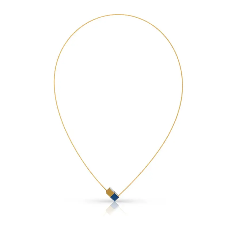 Collier Twee kubusjes blauw goudkleurig met goudkleurige draad CG205BG