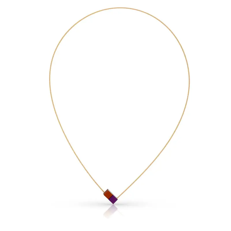 Collier Twee kubusjes Oranje Paars met goudkleurige draad CG205OP