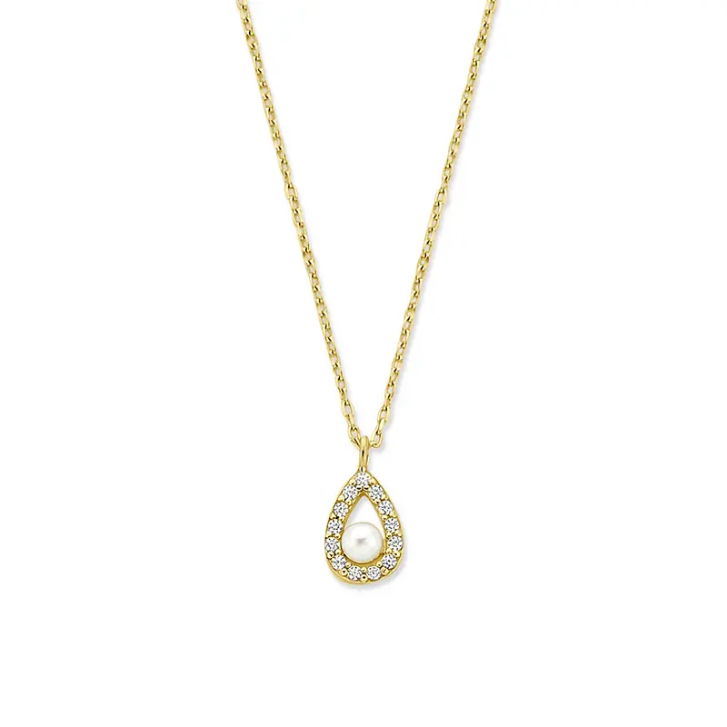 Collier zirkonia en parel 41 - 43 - 45 cm 14K geelgoud