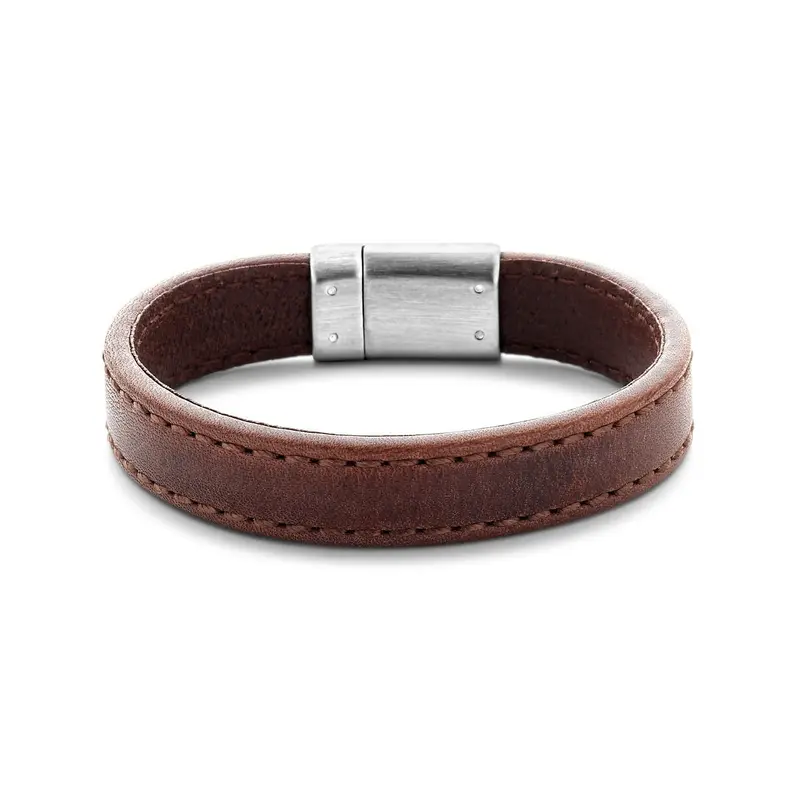 Donkerbruine leren heren armband met edelstaal