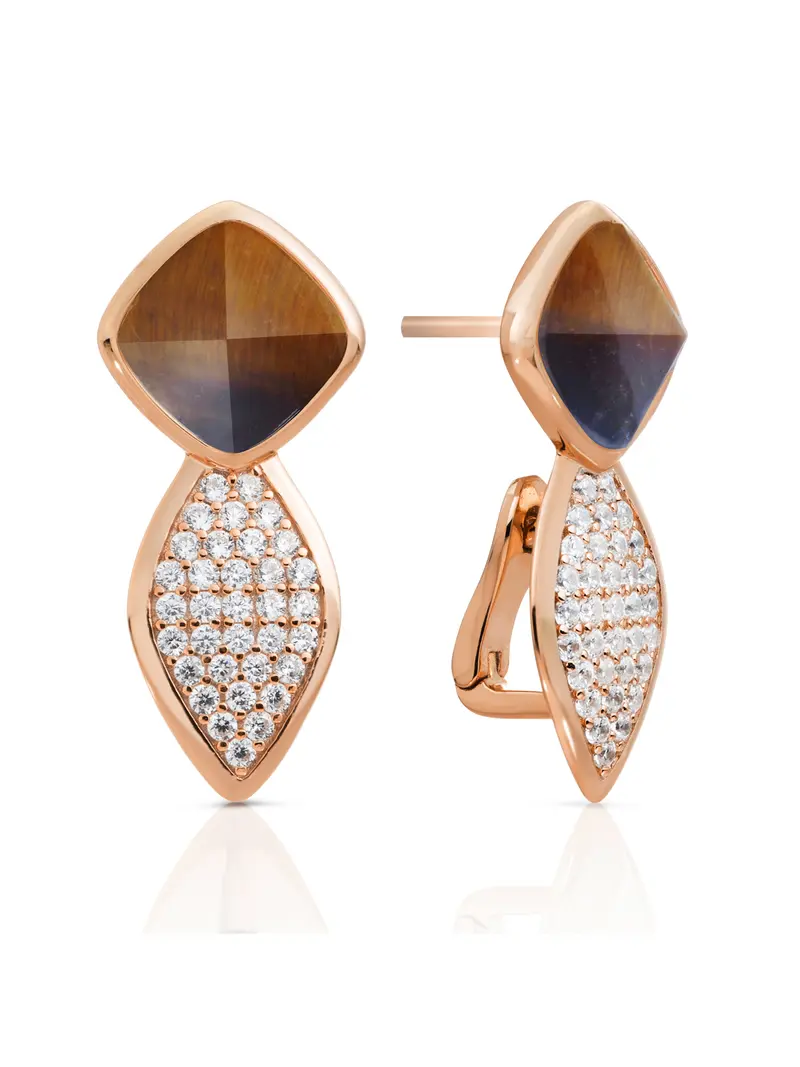 Earrings - Edge Crystal Rose Gold - Double pin - Tiger Eye