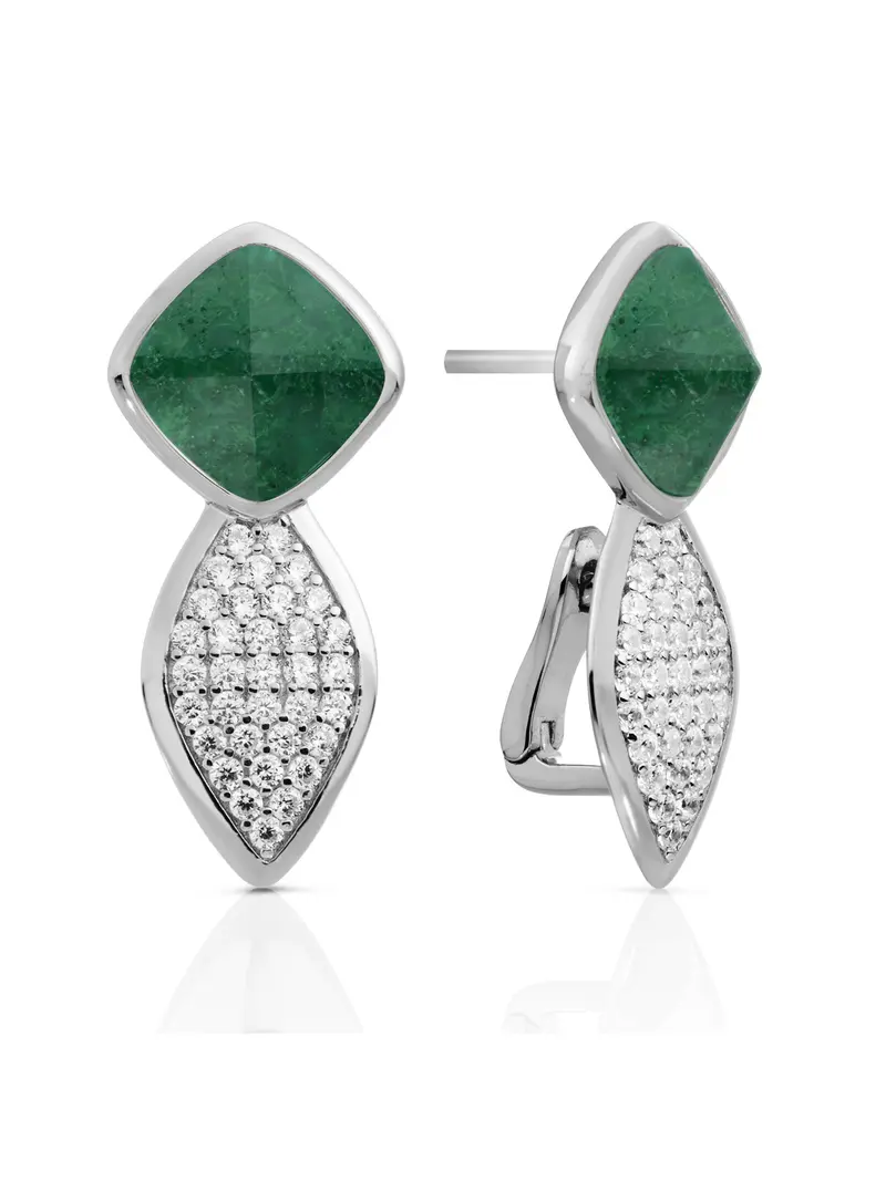 Earrings - Edge Crystal Silver - Double pin - Moss Agate