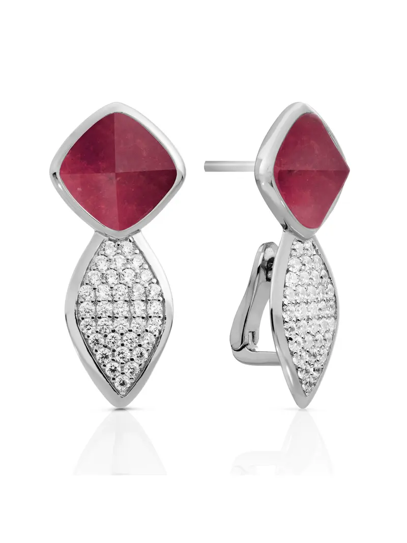Earrings - Edge Crystal Silver - Double pin - Red Jade
