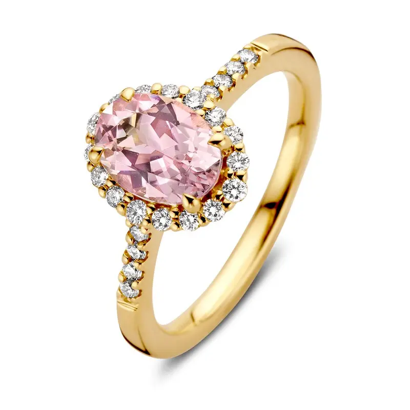 Elegant Geelgouden Ring met Roze Morganiet en Briljante Diamanten – Tijdloze Schoonheid