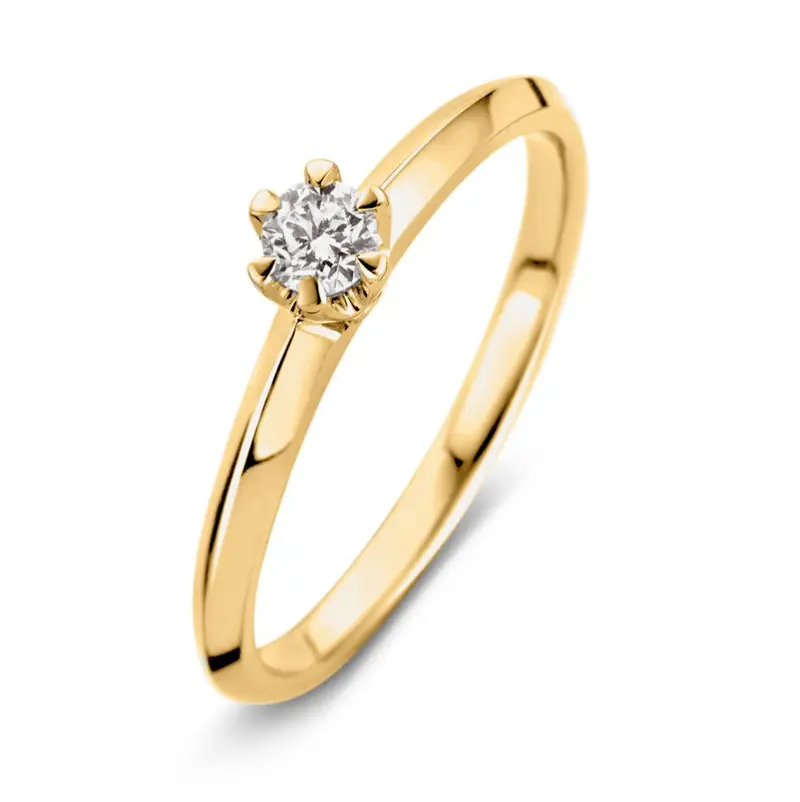 Elegante Geelgouden Solitair Ring met Tiffanyzetting - 0,19 crt Diamant