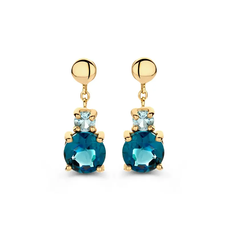 Elegante Gele Gouden Oorstekers met Blauwe en London Blue Topazen