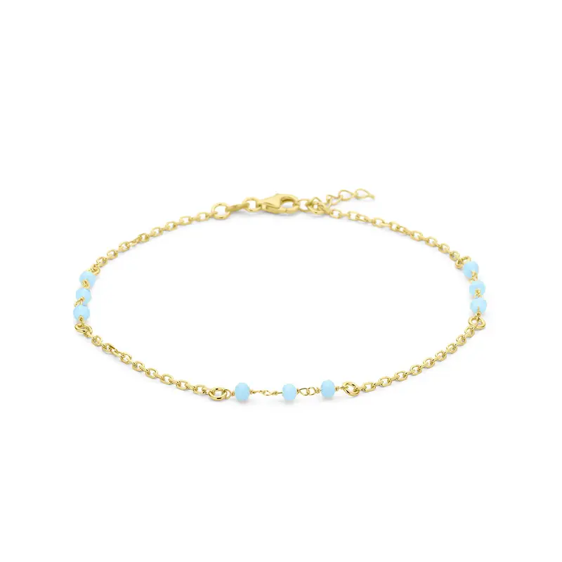 Enkelbandje blauw kristal bolletjes 24 + 2 cm 3 micron zilver verguld (geel)