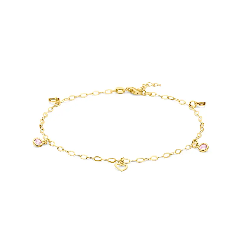 Enkelbandje hart en roze zirkonia 24 + 2 cm 3 micron zilver verguld (geel)