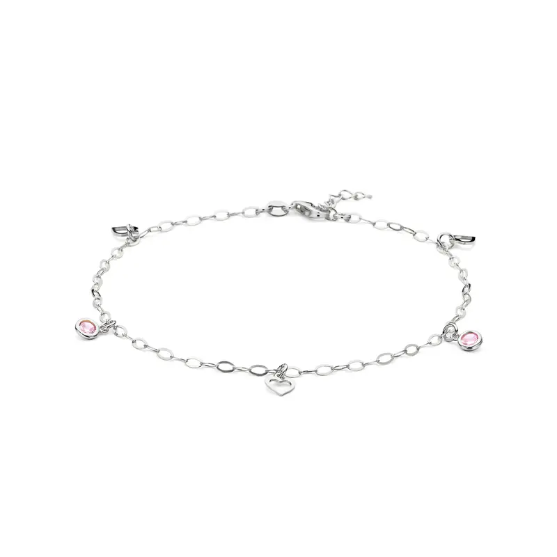 Enkelbandje hart en roze zirkonia 24 + 2 cm zilver gerhodineerd