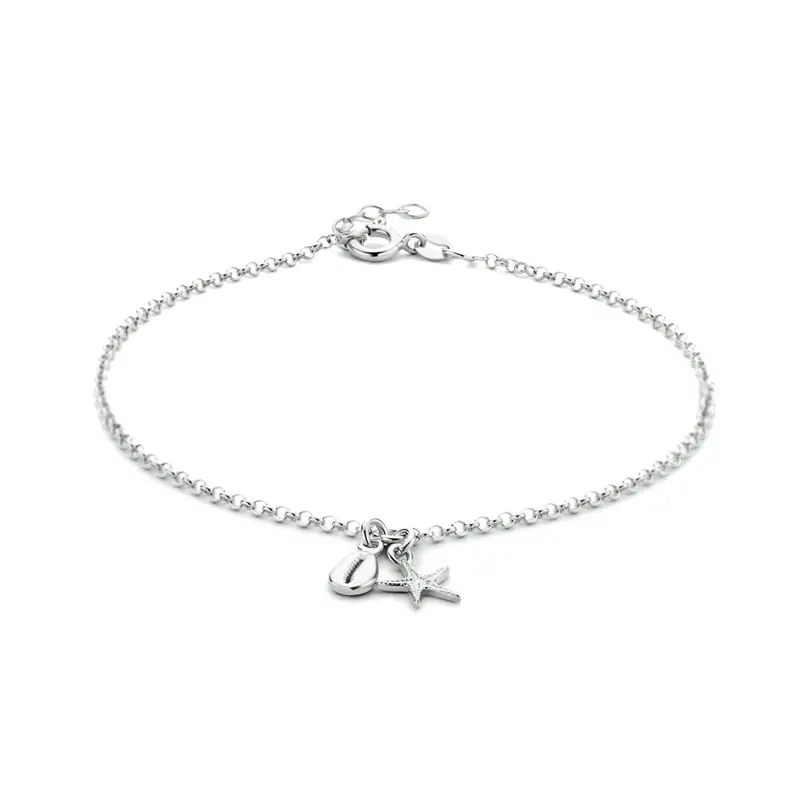 enkelbandje schelp en zeester 24 + 2 cm zilver gerhodineerd