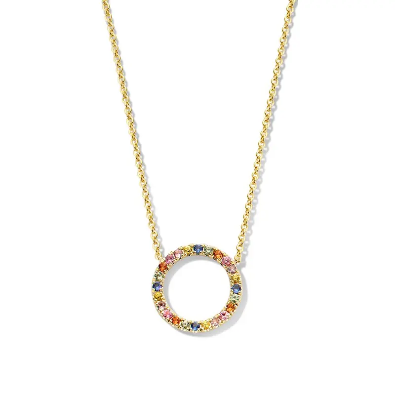 geelgoud collier met regenboogsaffier in ronde hanger - 14 karaat
