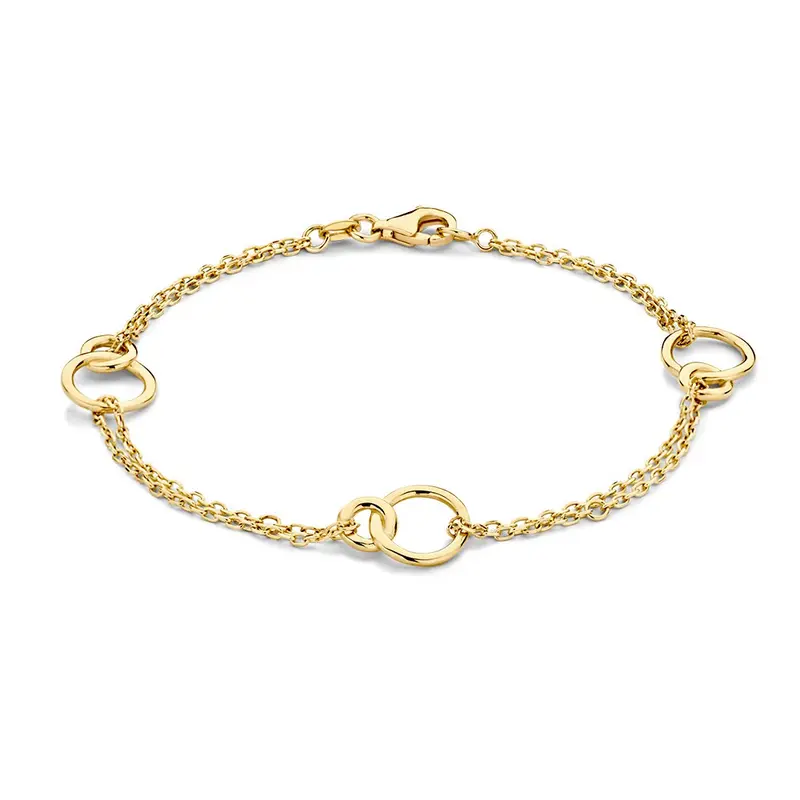 Geelgouden Armband met Dubbele Rij en Verbonden Cirkel Elementen – 14-Karaat Luxe voor Dames
