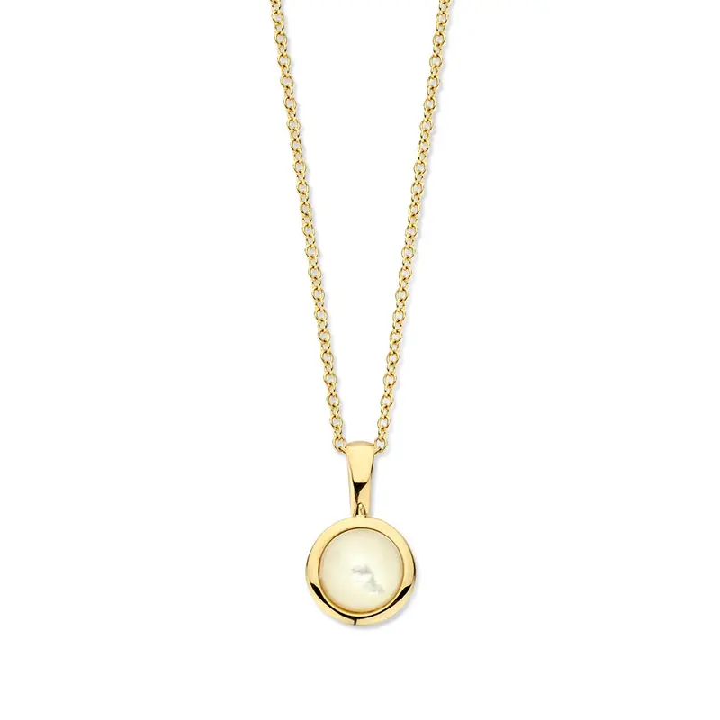 Geelgouden collier met ankerschakel en cabuchon geslepen parelmoer hanger - 14 karaat
