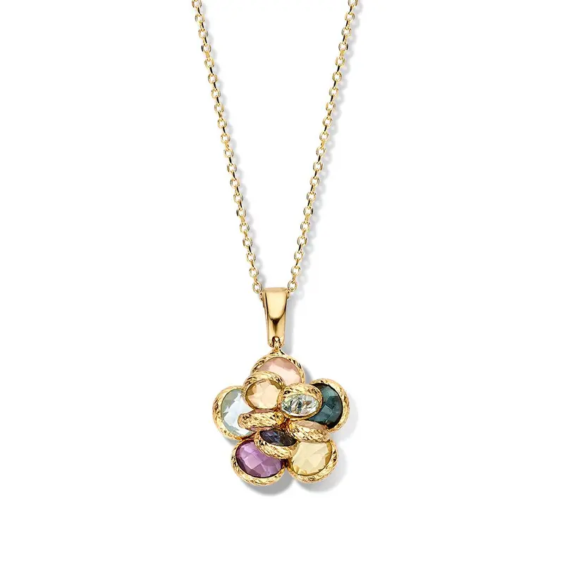 Geelgouden Collier met Bloemenhanger & Multicolor Edelstenen – 14 Karaat Goud