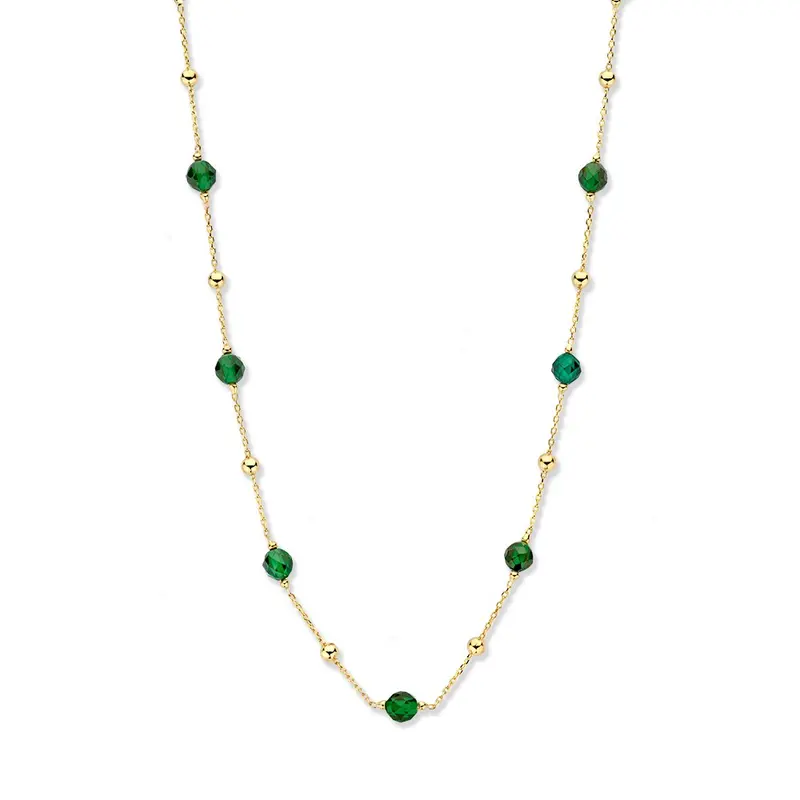Geelgouden collier met gouden en groene zirkonia bolletjes - 14 karaat