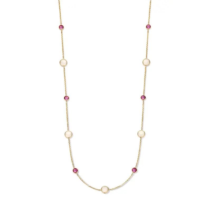 Geelgouden Collier met Robijn & Maansteen – Stijlvol & Verfijnd – 14 Karaat Goud