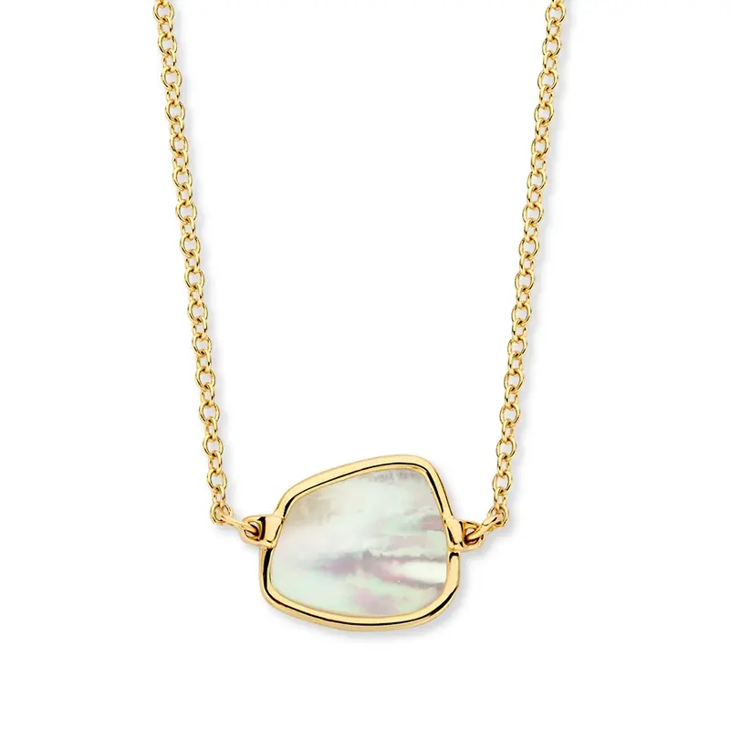 Geelgouden Collier met Ronde Ankerschakel en Parelmoeren Hanger – 14-Karaat Luxe voor Dames