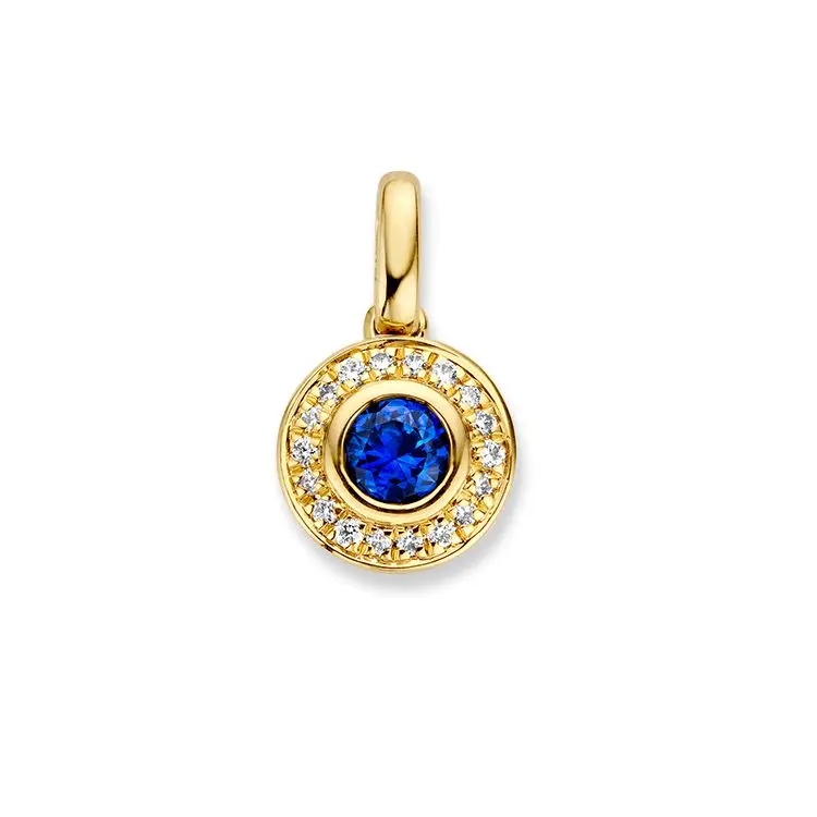 Geelgouden Entourage Hanger met Briljant Geslepen Saffier en Diamant 14 Karaat Goud