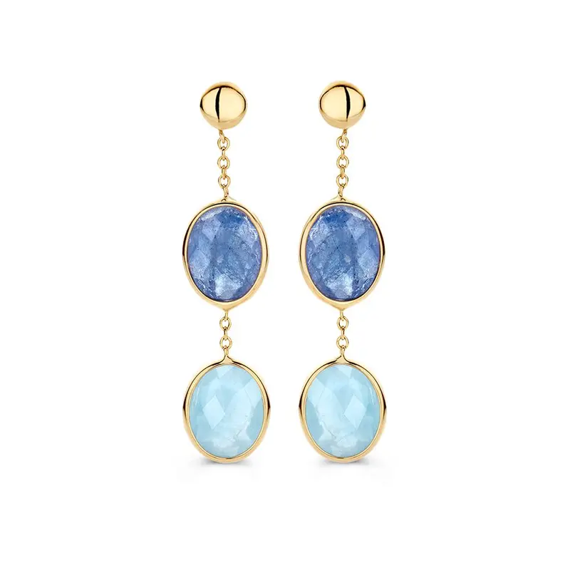 Geelgouden Oorhangers met Aquamarijn en Tanzaniet – Luxe Blauw Gekleurde Edelstenen