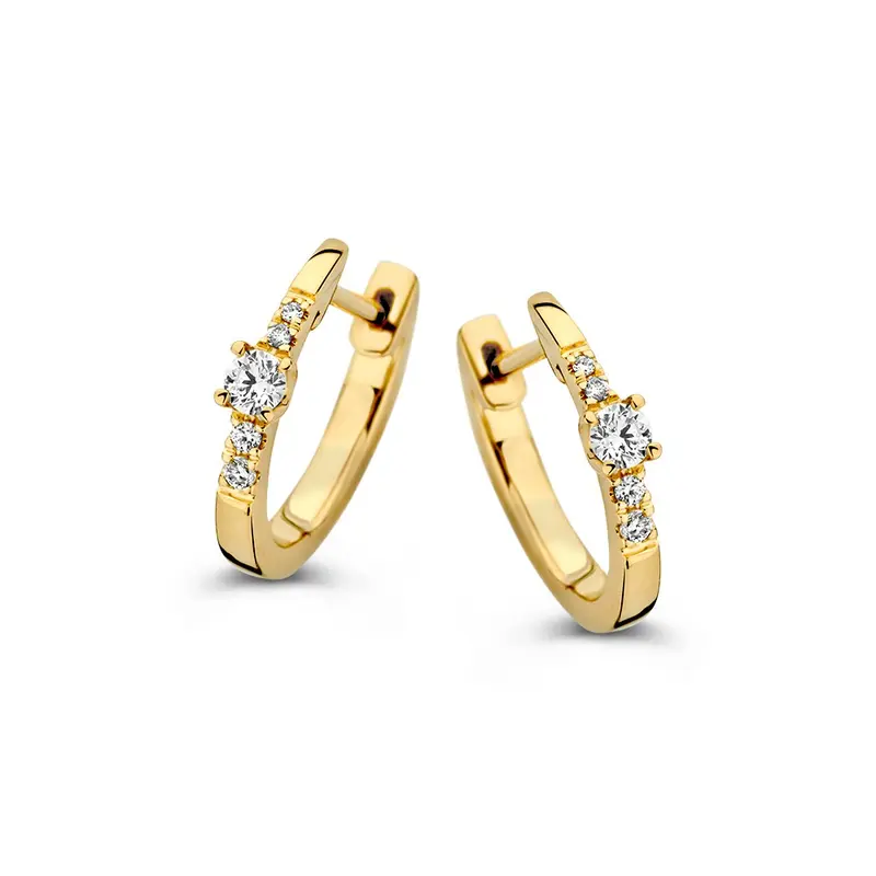 Geelgouden Oorringen met Diamanten, 14 Karaat, 0.16 crt, Briljantgeslepen, 13 mm