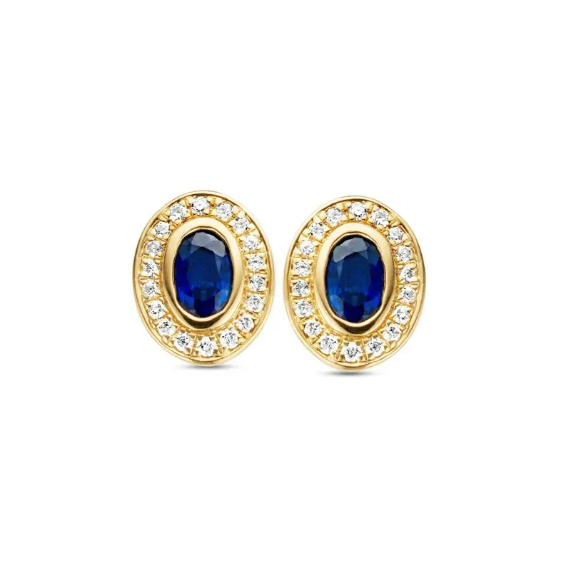 Geelgouden Oorstekers met Blauwe Saffieren en Diamanten – 0,15 crt